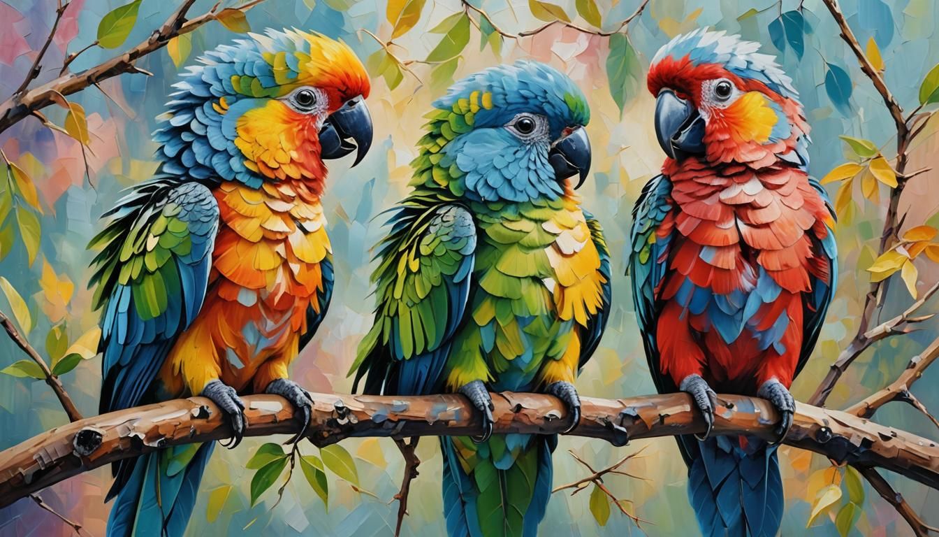 Colorful Baby Parrots in Expressionist Impasto Painting