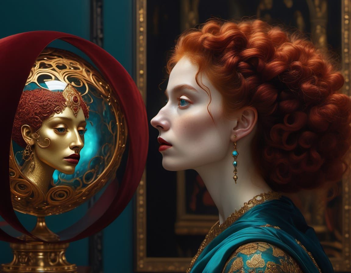 Medieval Woman in Gothic Library, Klimt-Style Painting