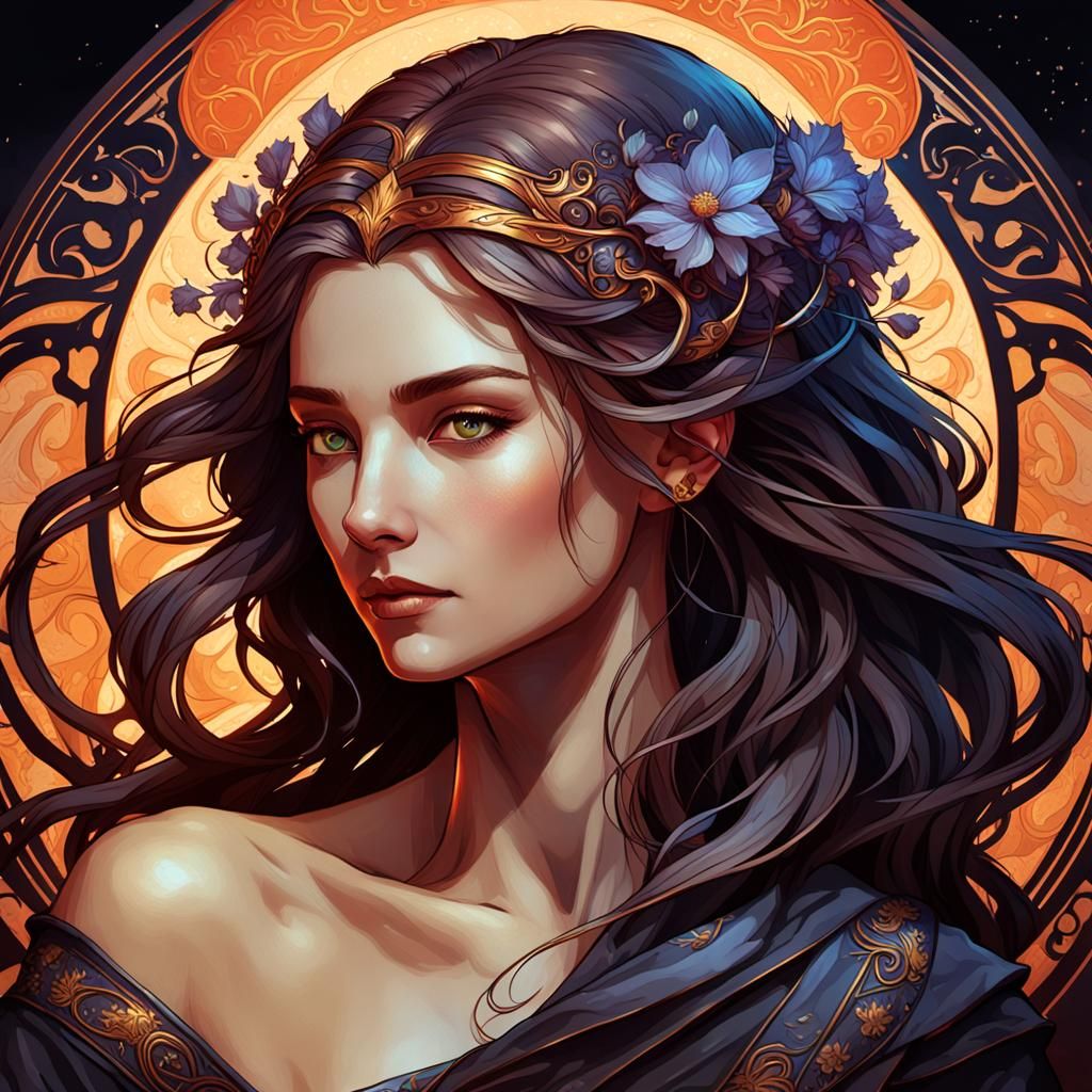 Elegant Aeloria Portrait in Art Nouveau Dark Fantasy Style