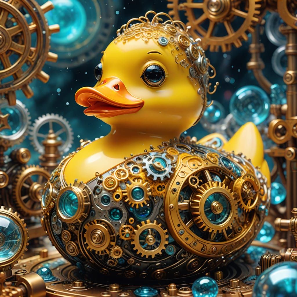 Steampunk Yellow Rubber Duck Ascends in Quantum Vortex