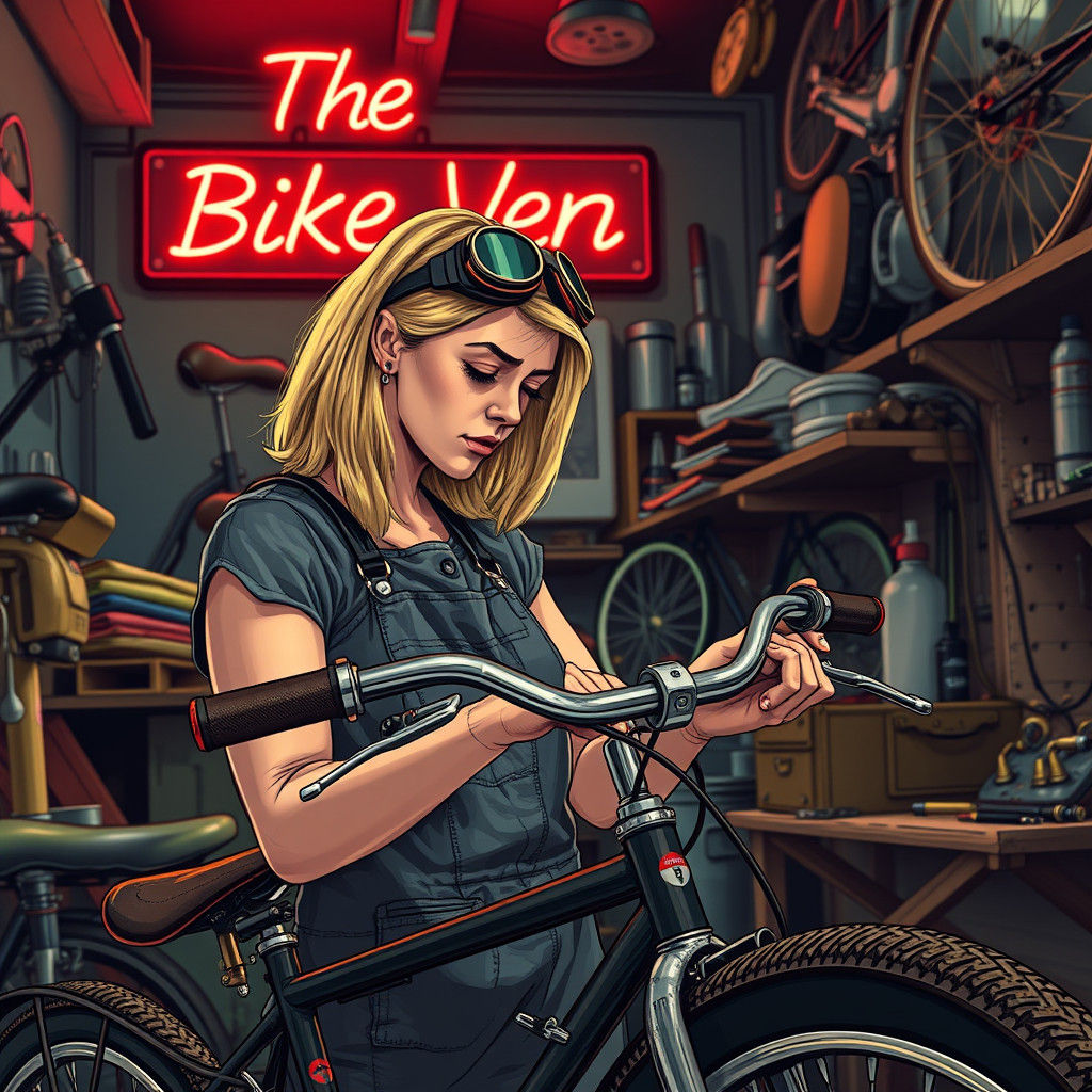 Woman Expertly Repairs Bicycle in Neon-Lit Workshop