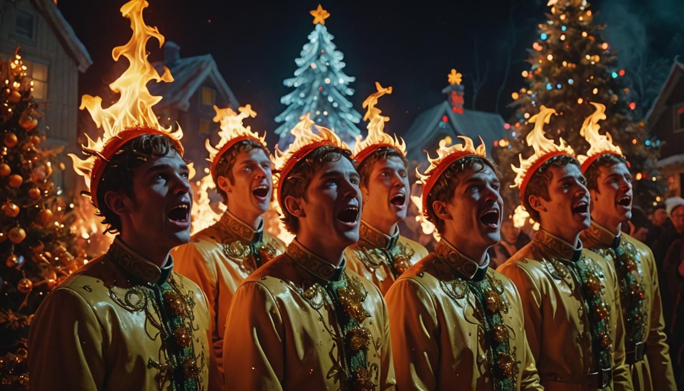 Surreal Neon Christmas Choirboys in Eerie, Vivid Detail