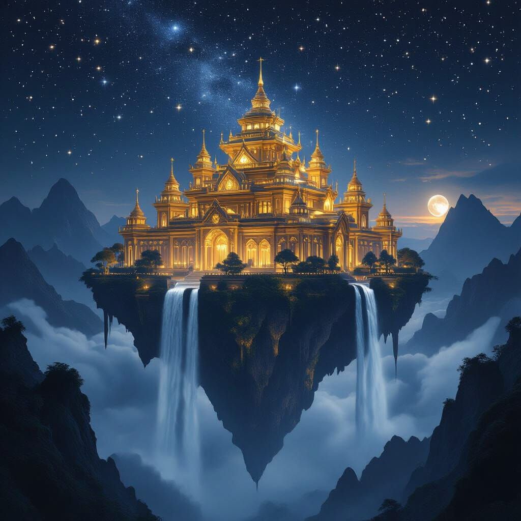 Golden Palace Floating in Starry Night Sky