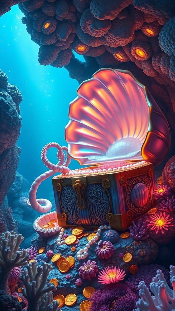 Iridescent Shell Treasure Chest in Coral Grotto