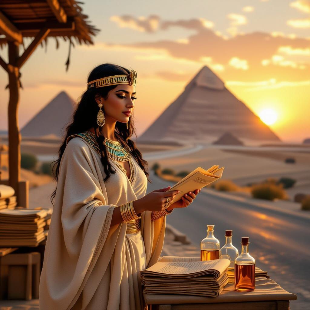 Egyptian Woman Offers Scrolls at Roadside Stall