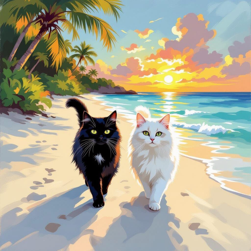Cats on Tropical Beach at Sunset