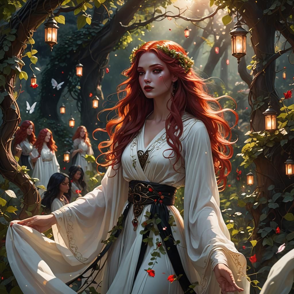 Goddess Watching Fairies in Art Nouveau Style