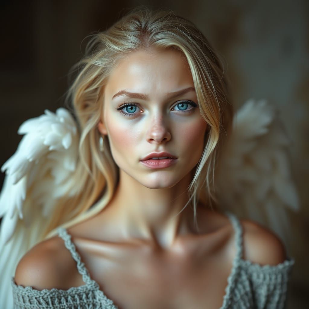 portrait of a young and thin German blonde top-model, with a...