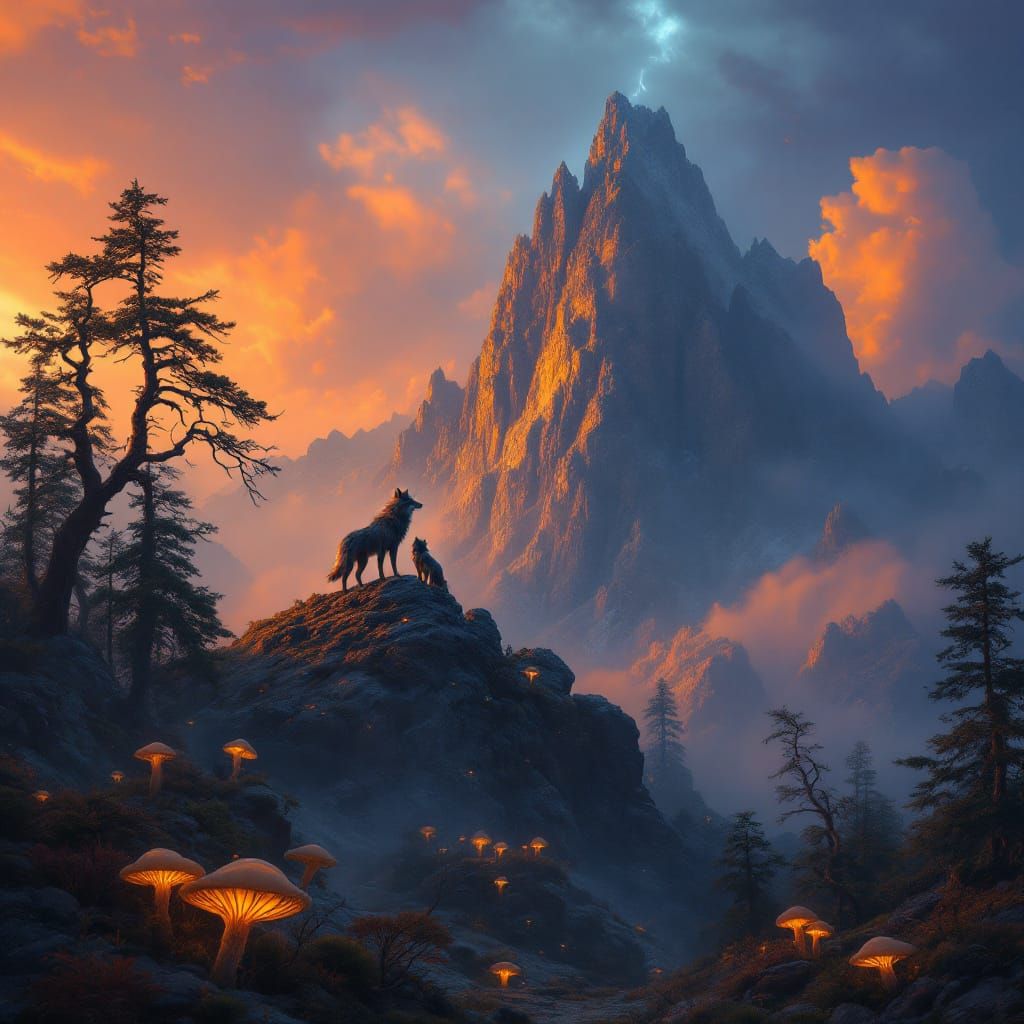 Wolves in a Mystical Mountain Landscape