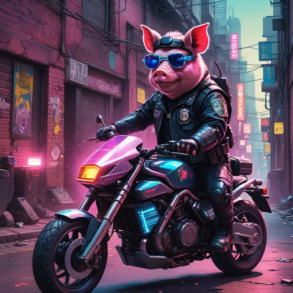 Cyberpunk Police Pig Rides Motorbike With Buster Sword