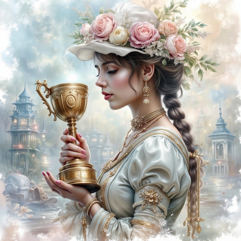 Steampunk Girl with Winner's Cup in Pastel Collage