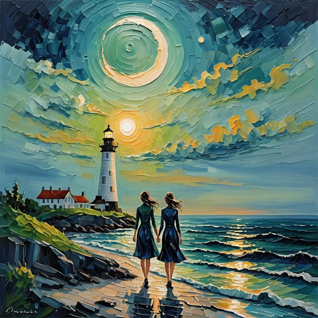 Impasto Seaside Sunset with Transparent Girl