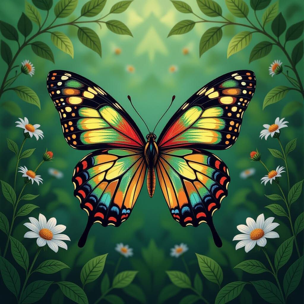 Kaleidoscope Butterflies in Symmetrical Stained Glass Compos...