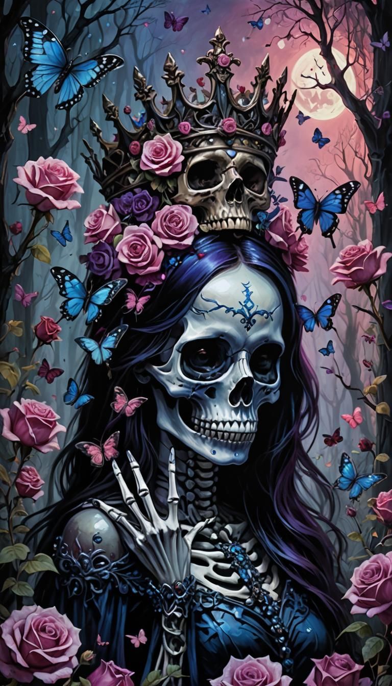 Crowned Skeleton Queen in Mystical Forest: Dark Fantasy Art