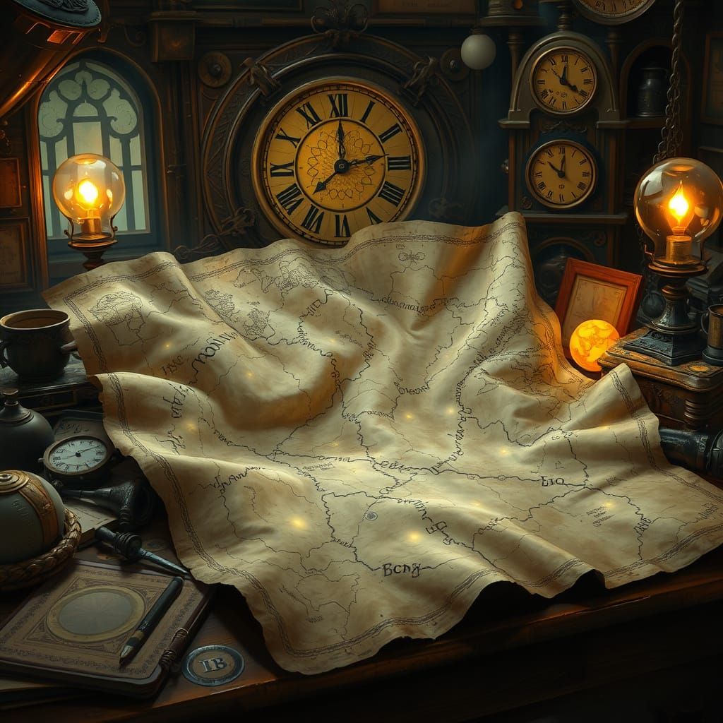 Ancient Map and Clockwork on Alchemist's Table