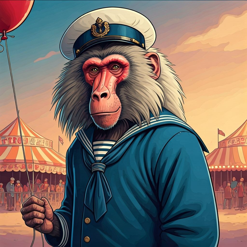 Style of Tenniel, a baboon wearing a sailor suit and holding a balloon on a string, background of a fun fair