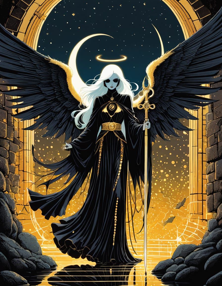 An angel of death stands in a dark realm.