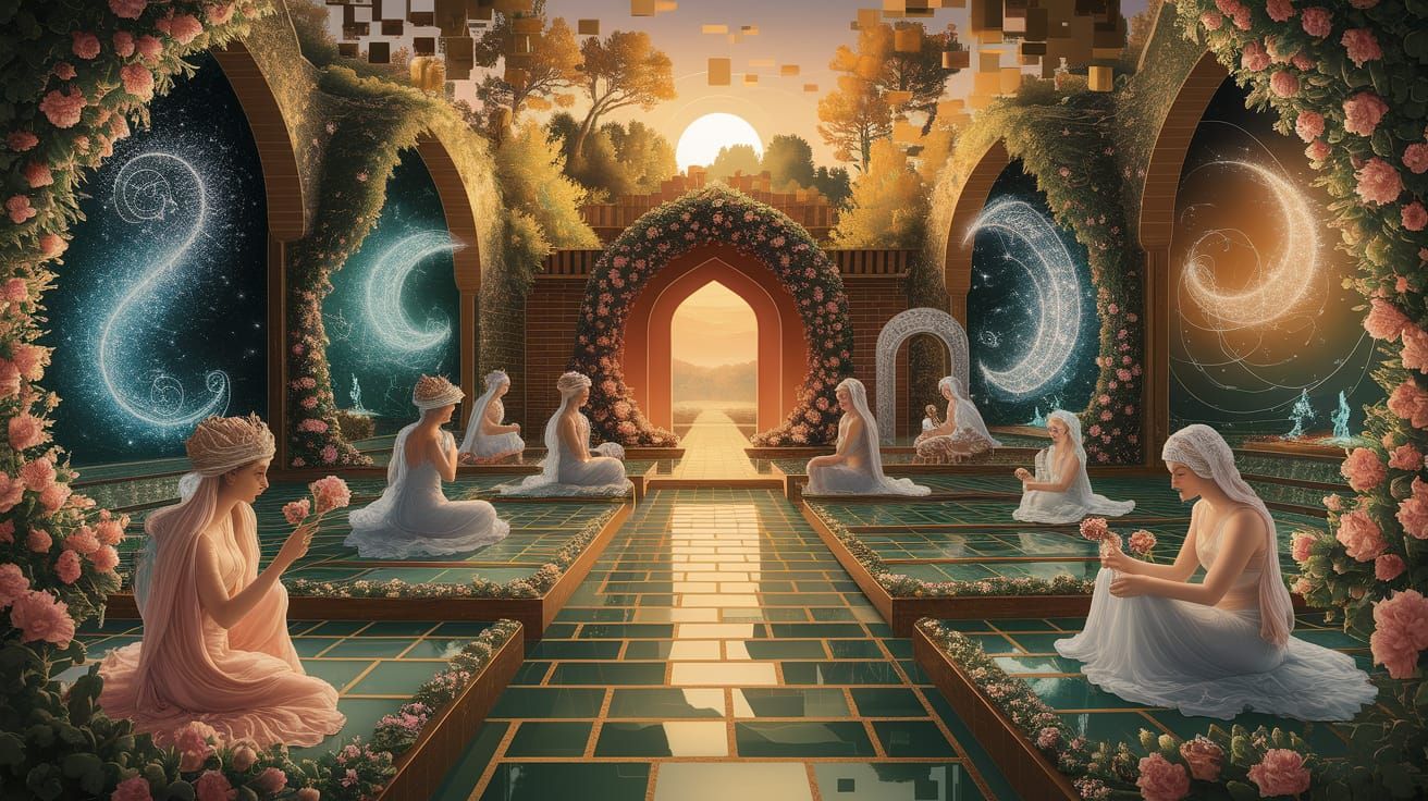 Persian Miniature Garden with Ethereal Beings in Cubist Styl...