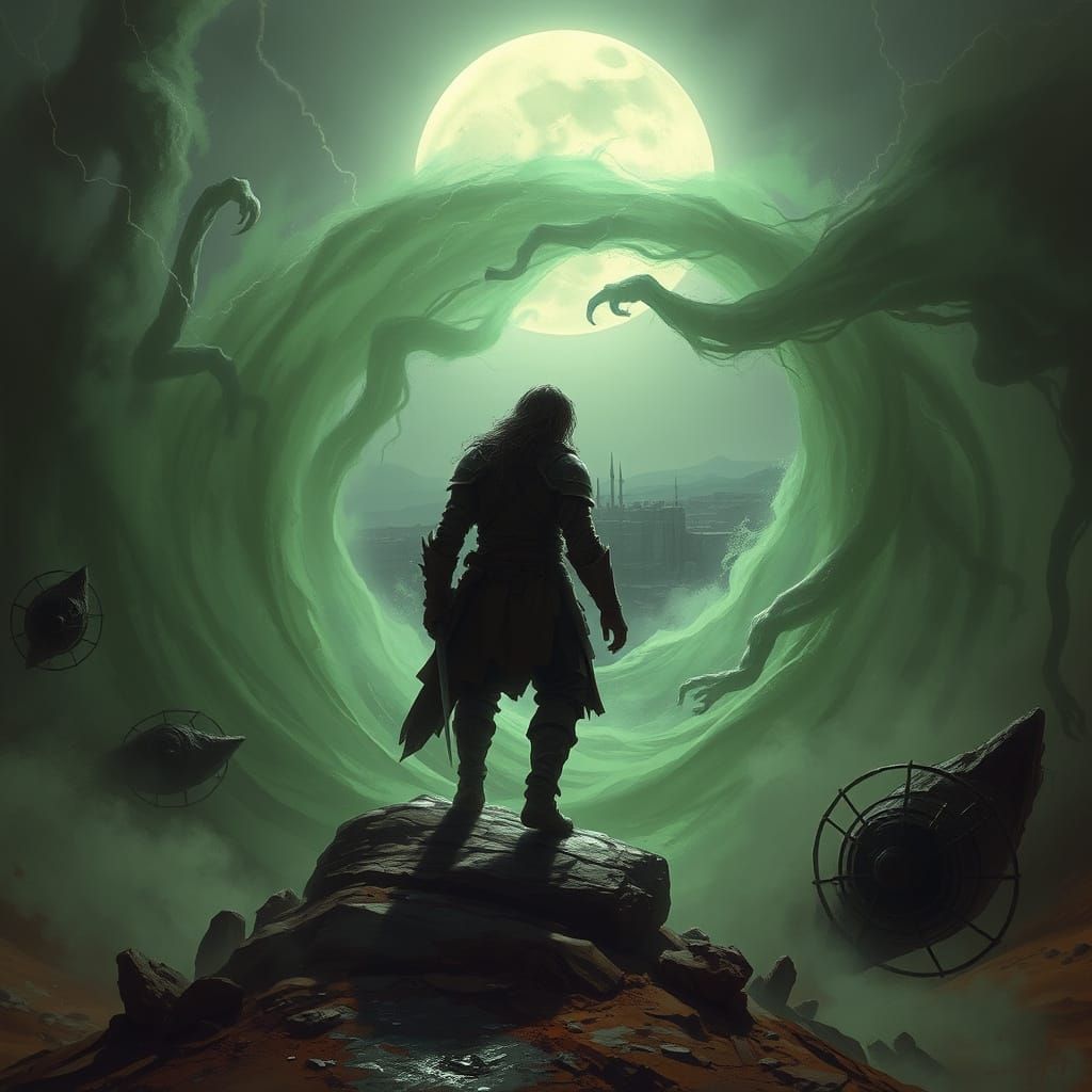 Lone Figure Enters Ethereal Mist in Dark Fantasy