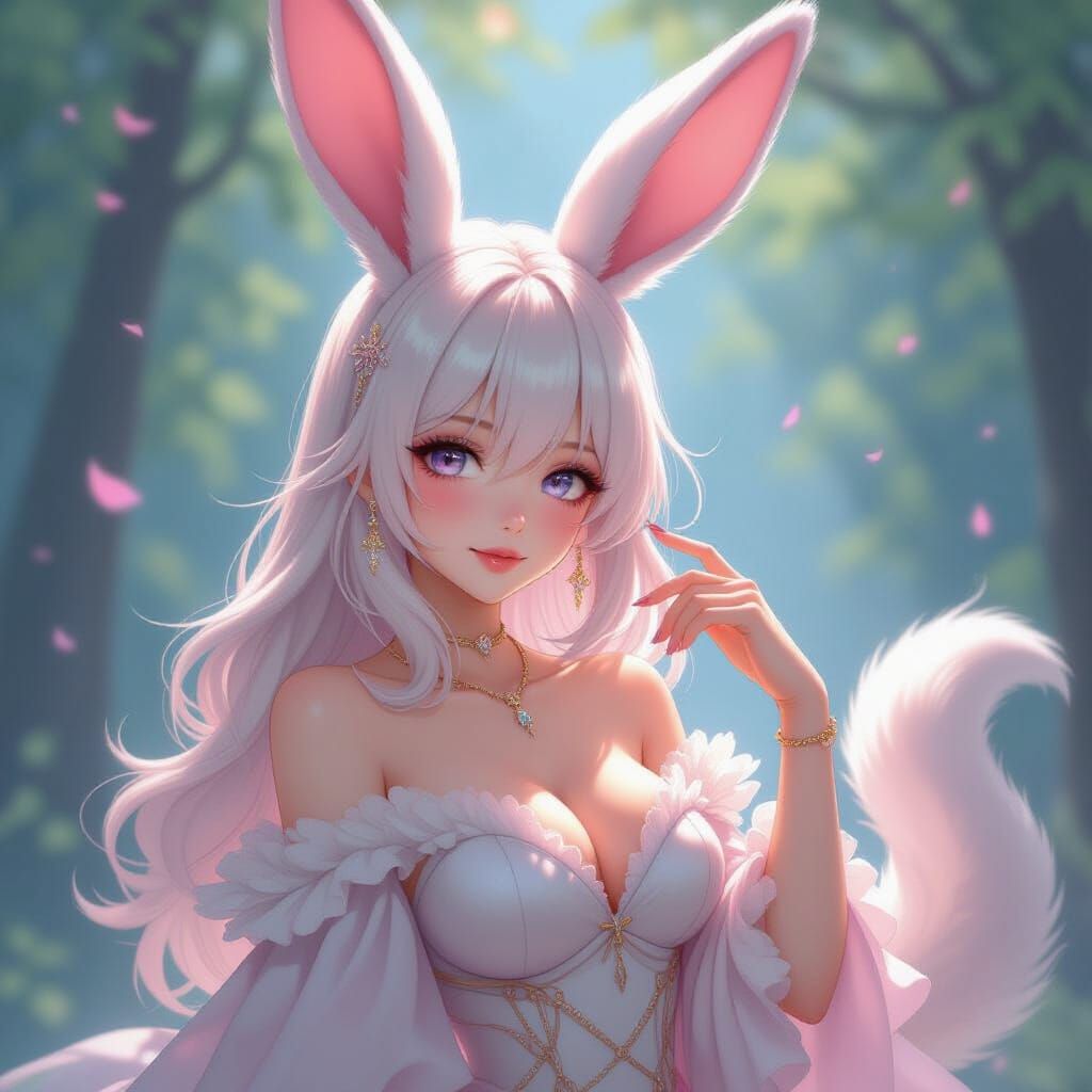 Elegant Rabbit-Eared Woman in Shimmering Fantasy Attire