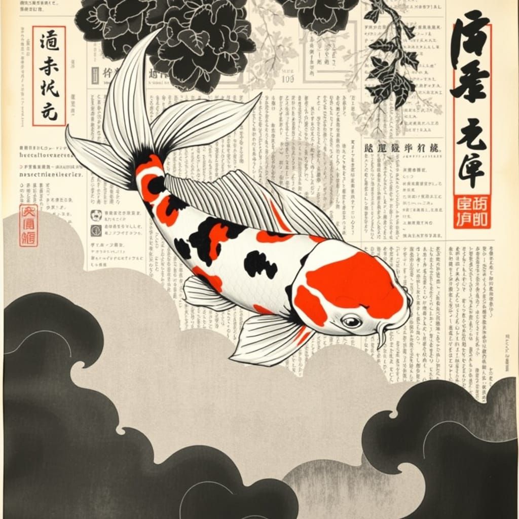 Koi Carp on Japanese Newsprint Background