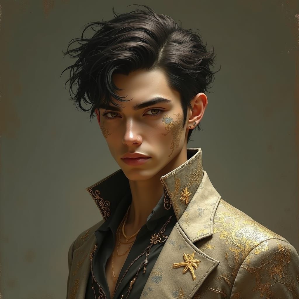 Elegant Earth Genasi with Golden Scarring in Earthy Realism