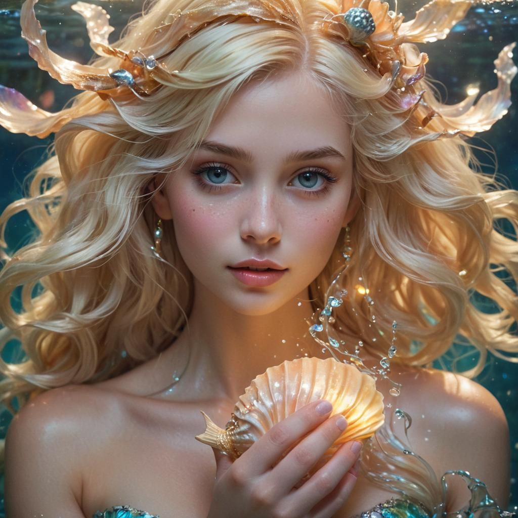 Blonde Mermaid with Glowing Conch Shell Fairy-Tale Illustrat...