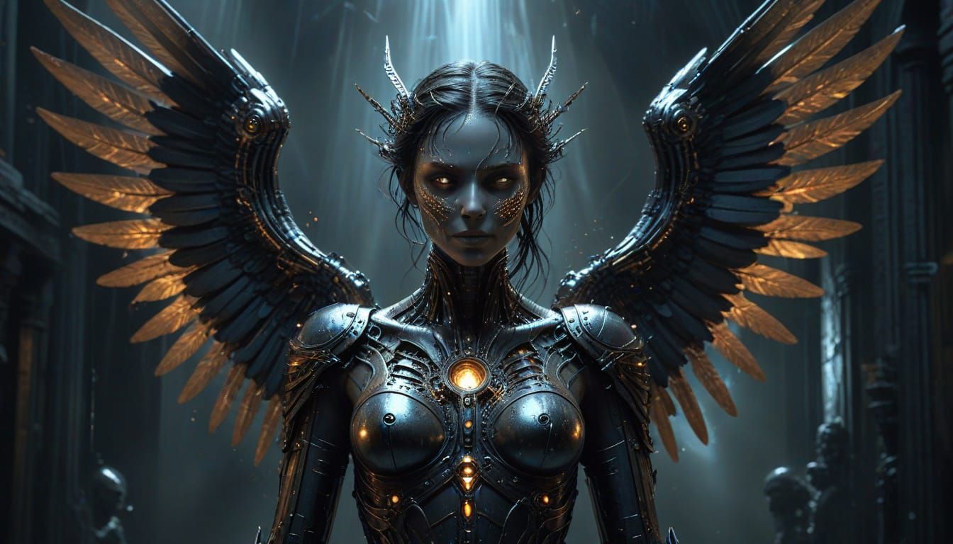 Gothic Clockwork Angel Descending, in Science Fiction Style