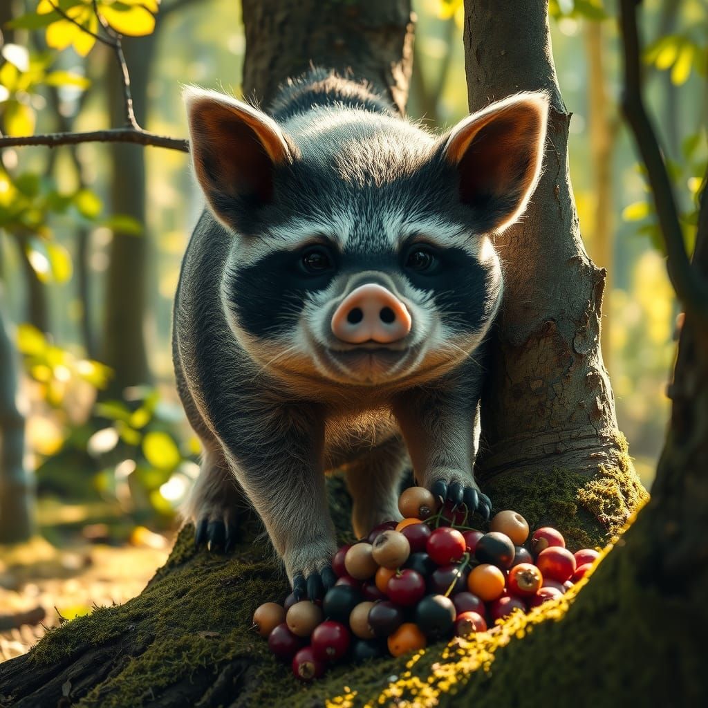 Hyperrealistic Pig-Raccoon Hybrid in Forest