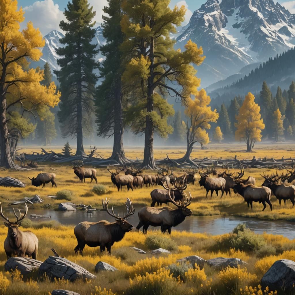 Elk Herd at Grand Tetons: Detailed Matte Painting