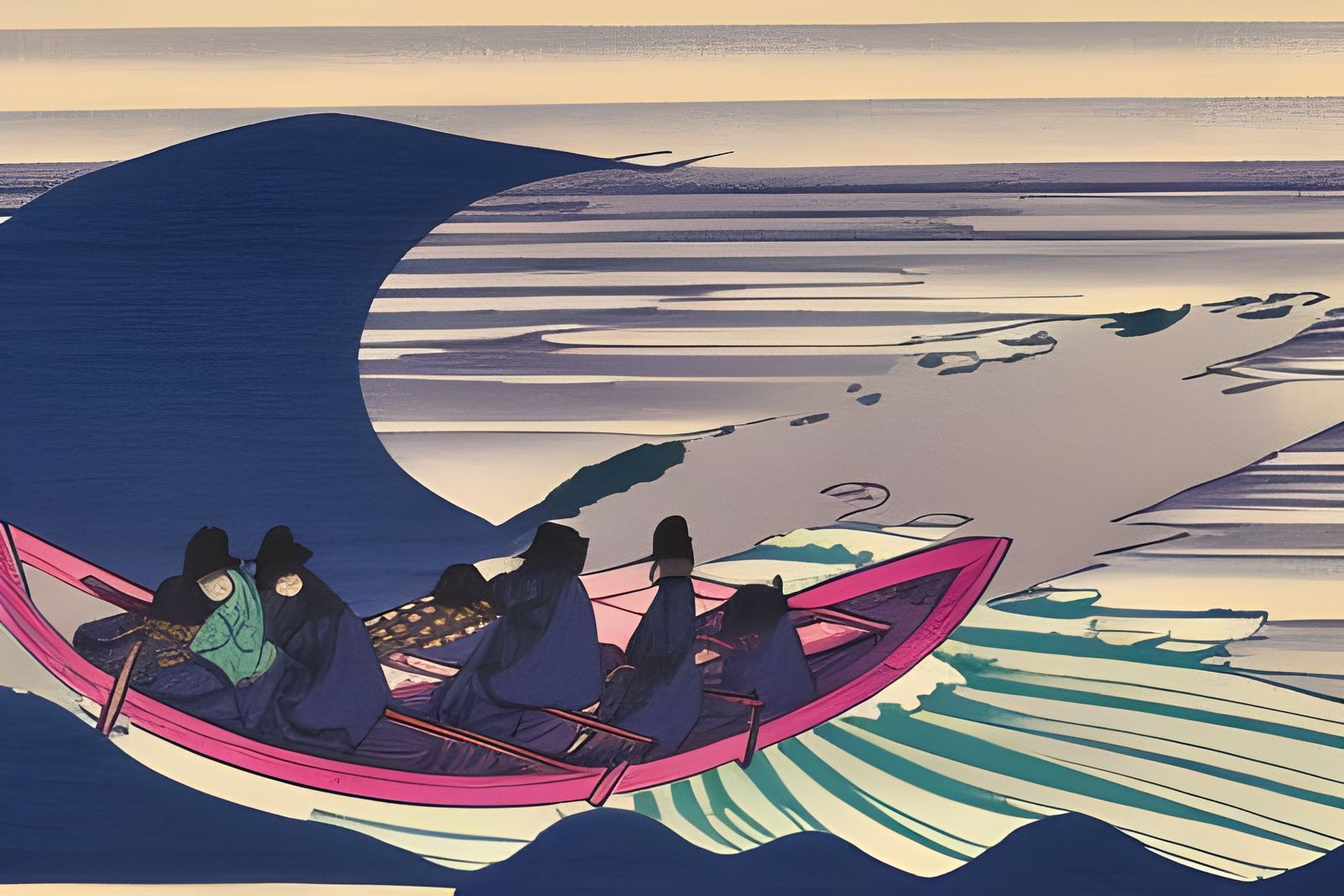 Hokusai Boat in Storm: Woodcut Anime Abstraction