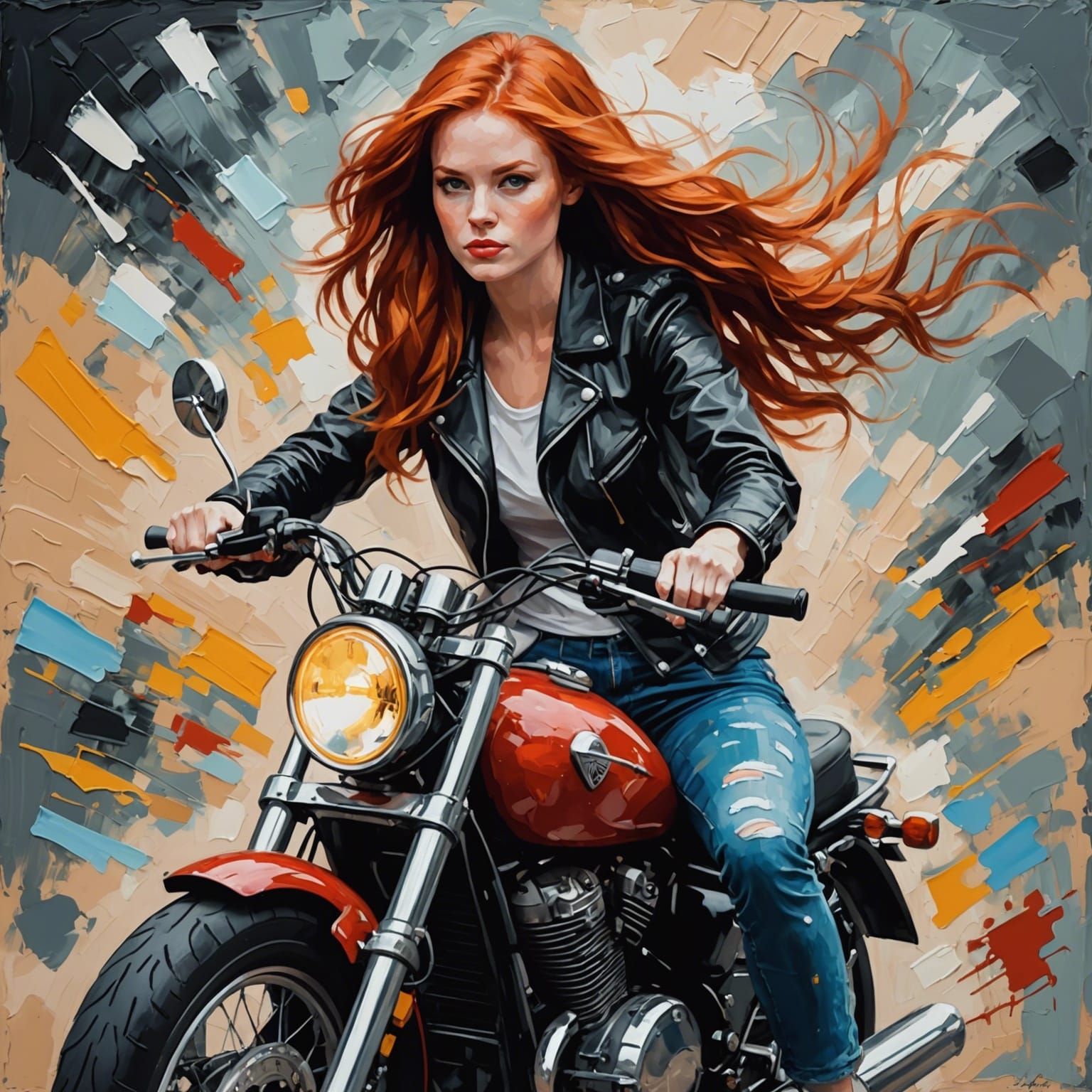 Redhead Rides Motorcycle as Impasto Style Painting