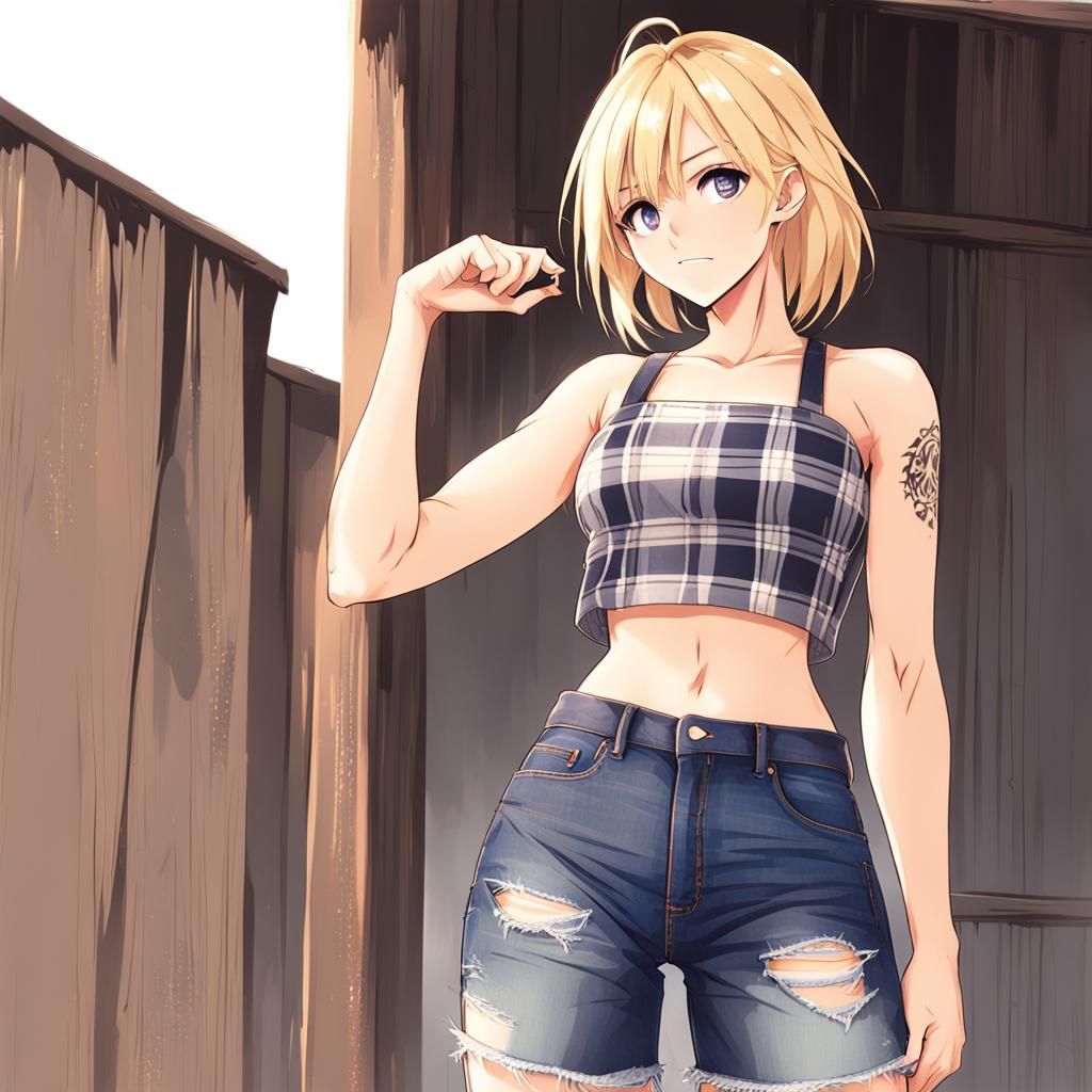 Blonde in Crop Top: Anime-Style Country Girl