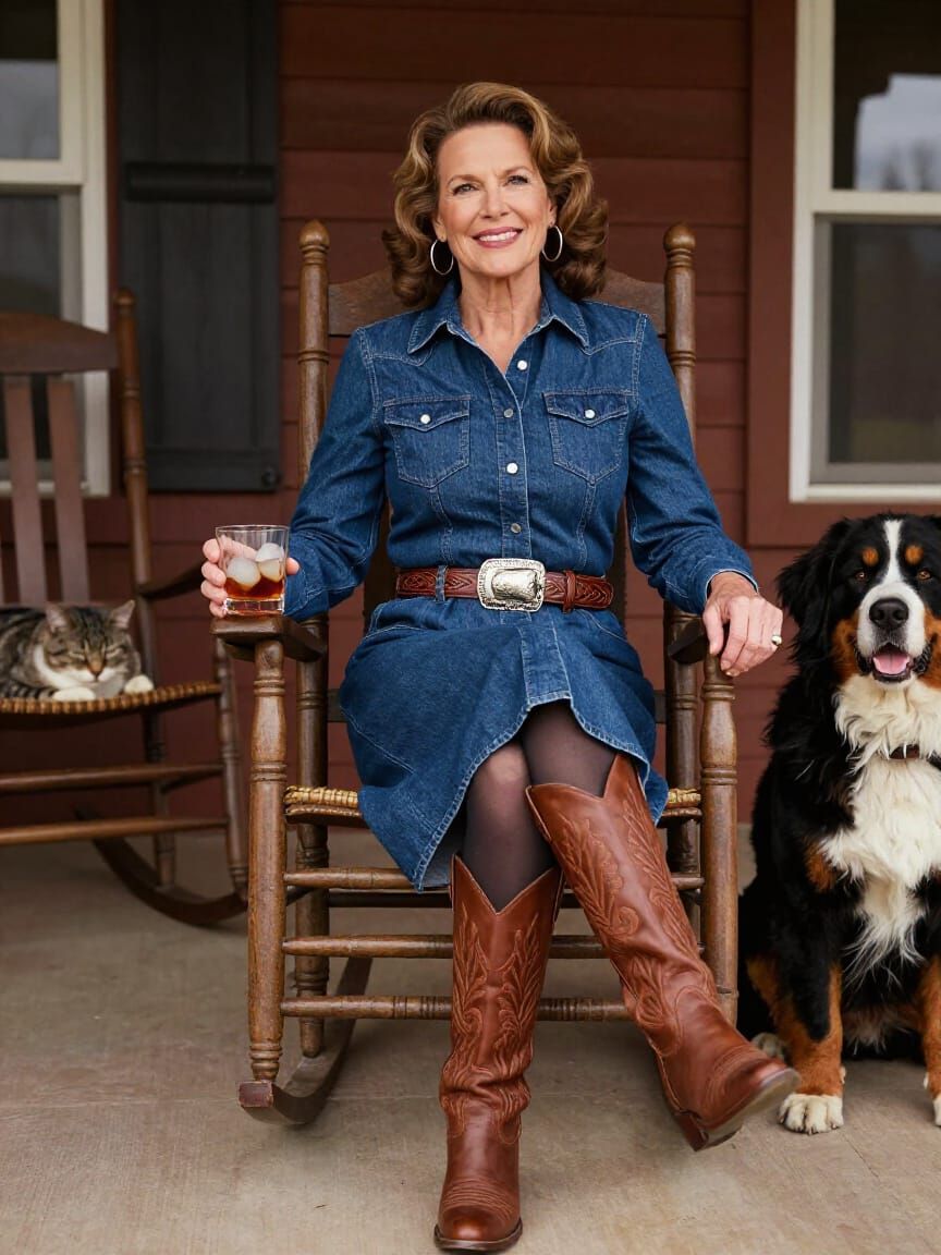 Mature Woman in Denim Dress on Ranch Porch