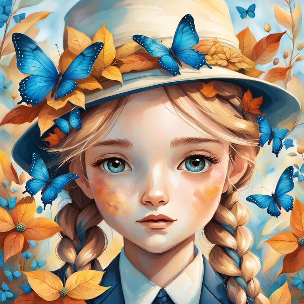 Enchanting Girl Portrait with Butterflies in Watercolor Styl...