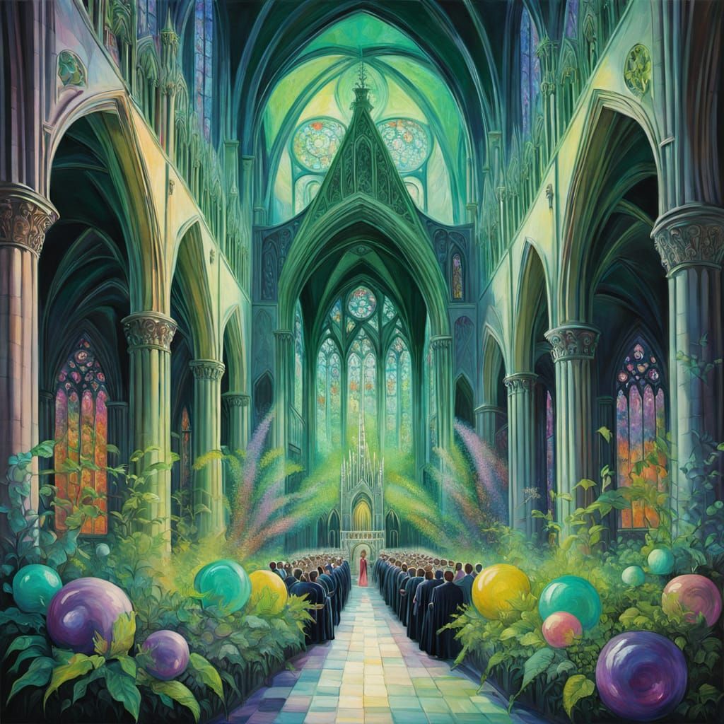 Alien Choir in Gothic Cathedral: Surrealist Oil Painting