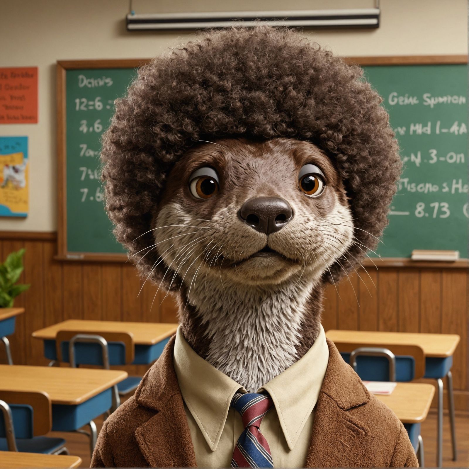 Cartoon Otter Teacher in 1970s Classroom