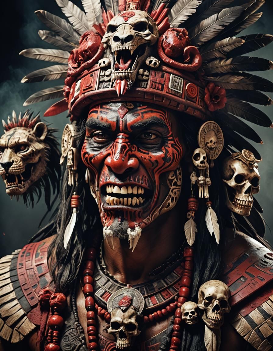 Vivid Aztec Warrior with Jaguar and Skulls in High Contrast....