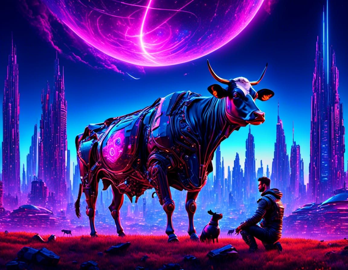 Cyberpunk Shepherd and Cow on Skyscraper Roof