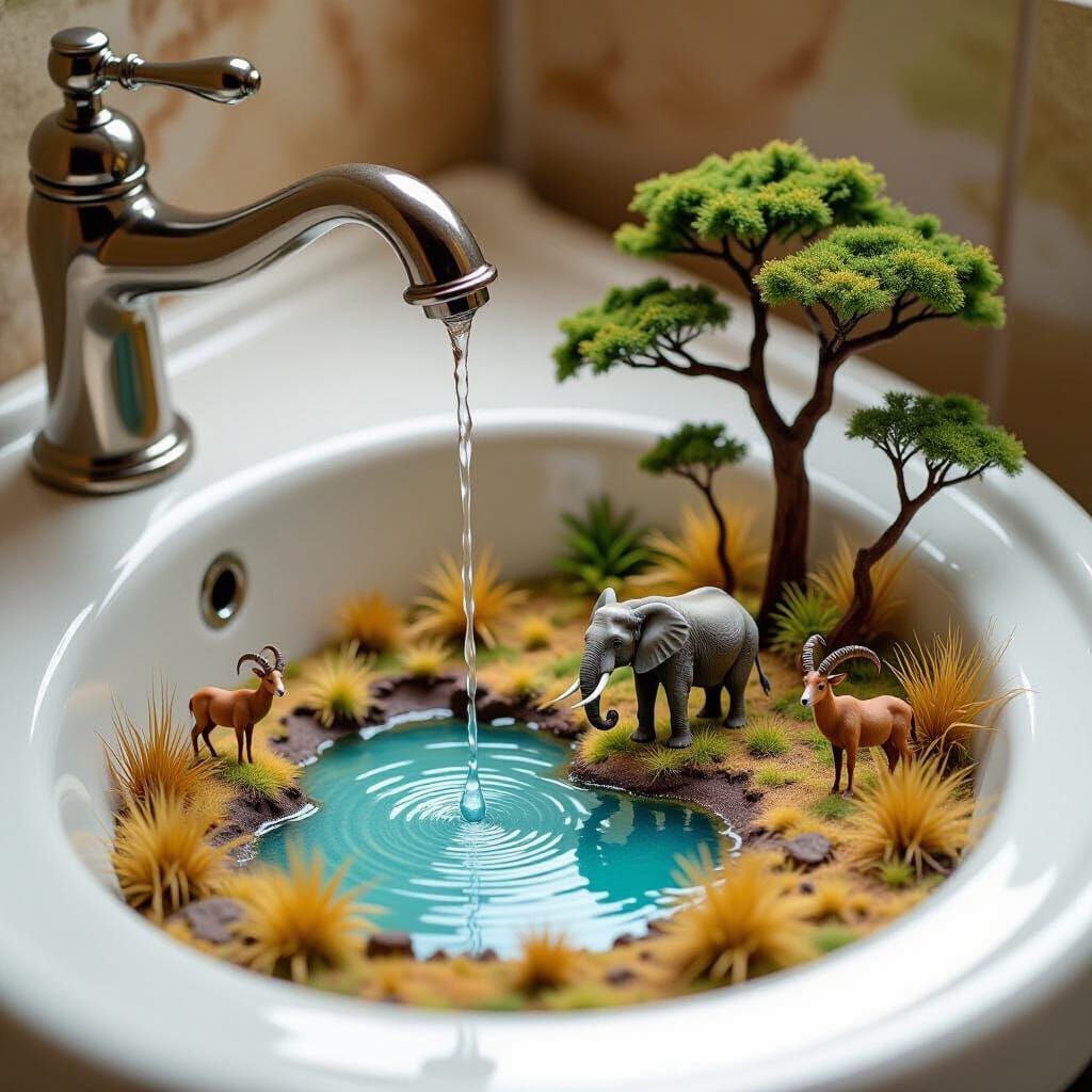 Serengeti Oasis in a Bathroom Sink: Photorealistic Detail