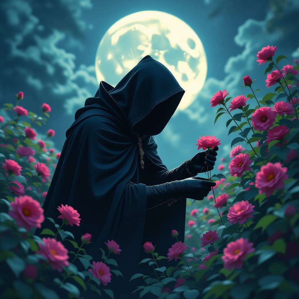 Sinister Figure Steals Flowers in Moonlit Garden