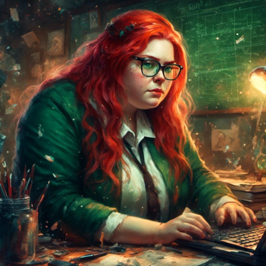 Curvy Redhead Teacher at Computer in Macabre Style