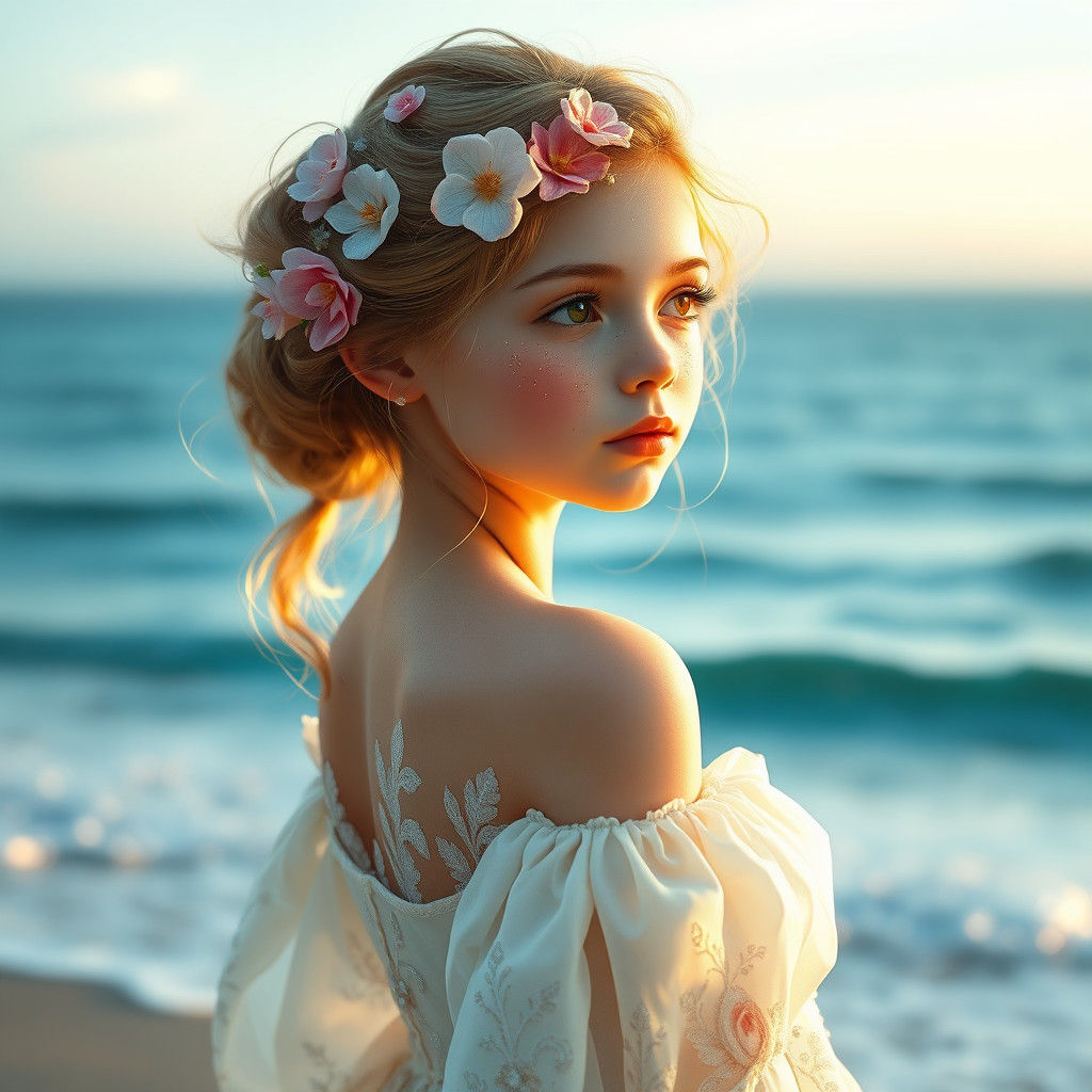 Enchanting Flower Girl Portrait with Ocean Backdrop