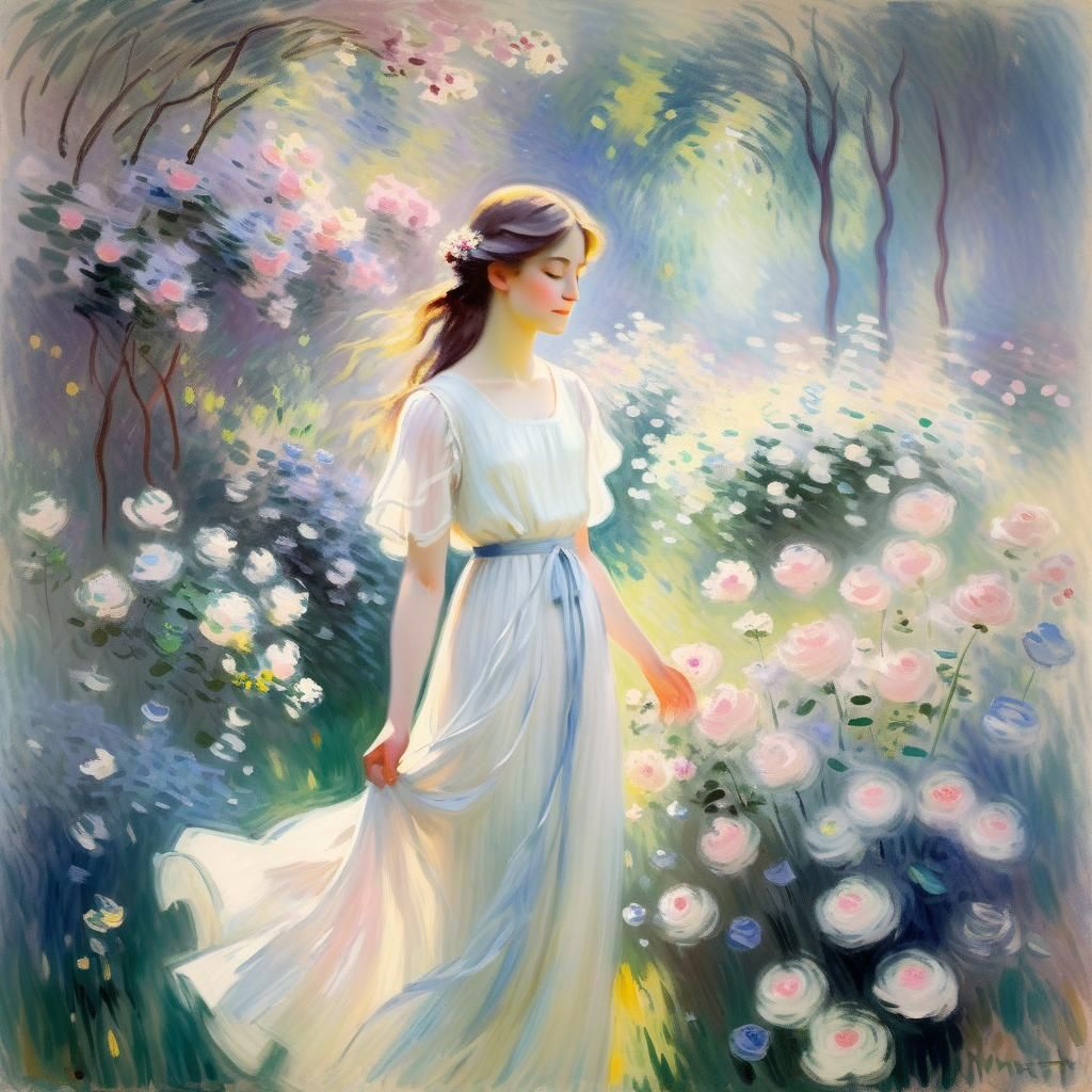 Impressionistic Woman in a Lush Flower Garden