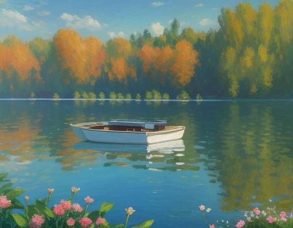 Impressionist Sailboats on Serene Lake at Golden Hour