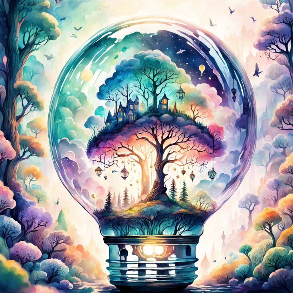 Fantasy World in Light Bulb: Watercolor Art