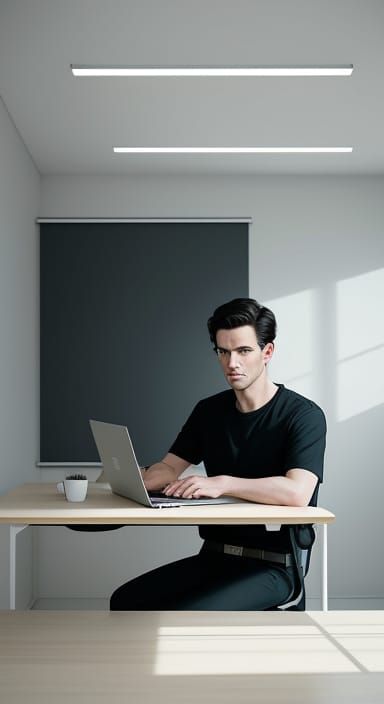 Minimalist Office Scene with Man at Desk