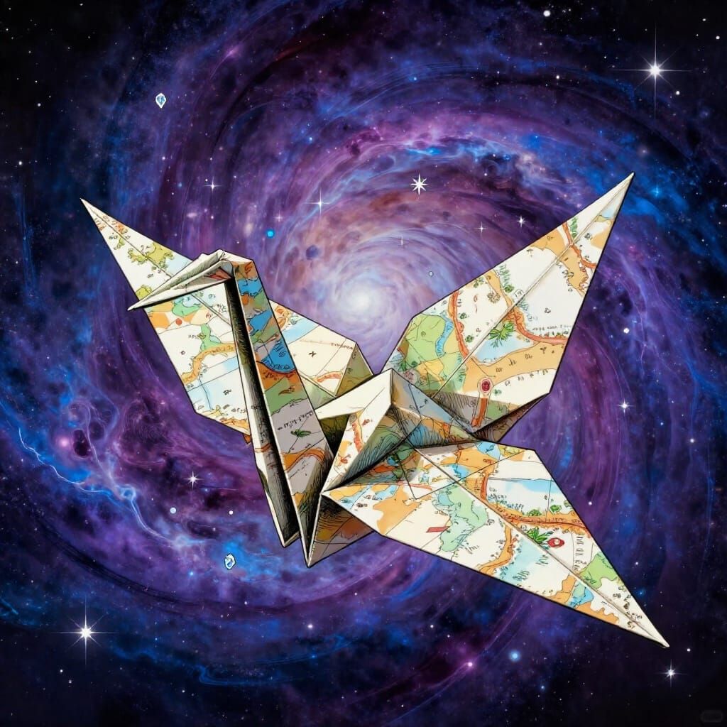 Paper Crane Soars Through Cosmic Nebula in Sci-Fi Art Style