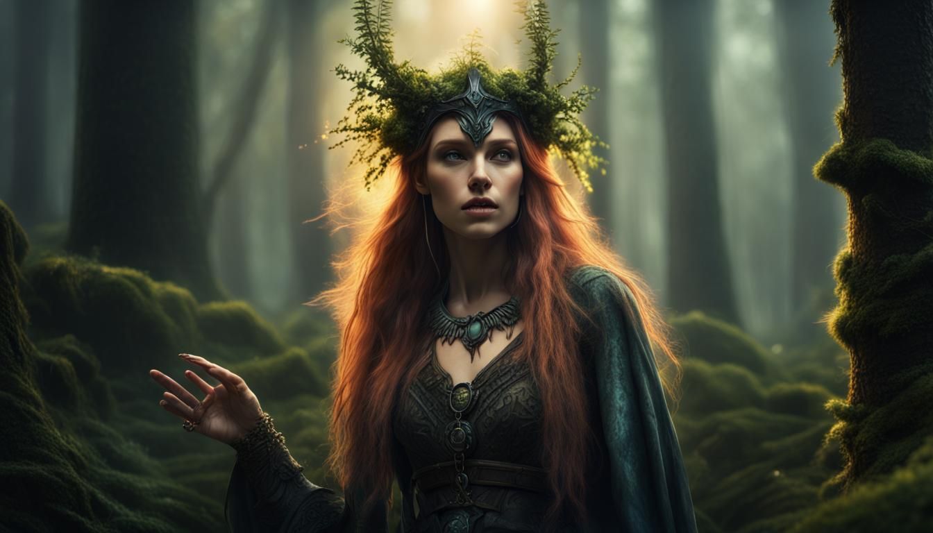 Magical Viking Sorceress Casting Spell in Druidic Forest