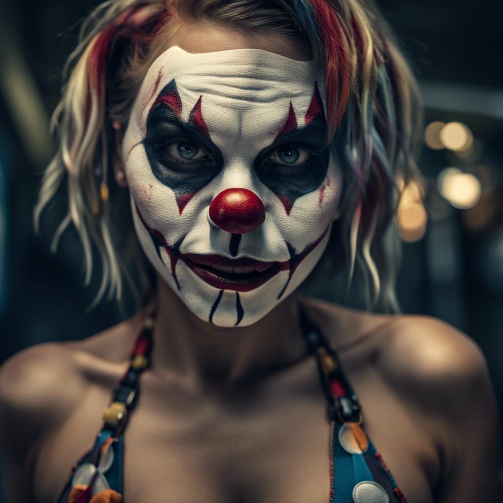 Bikini Woman in Clown Mask: Hyperrealistic HDR Photo